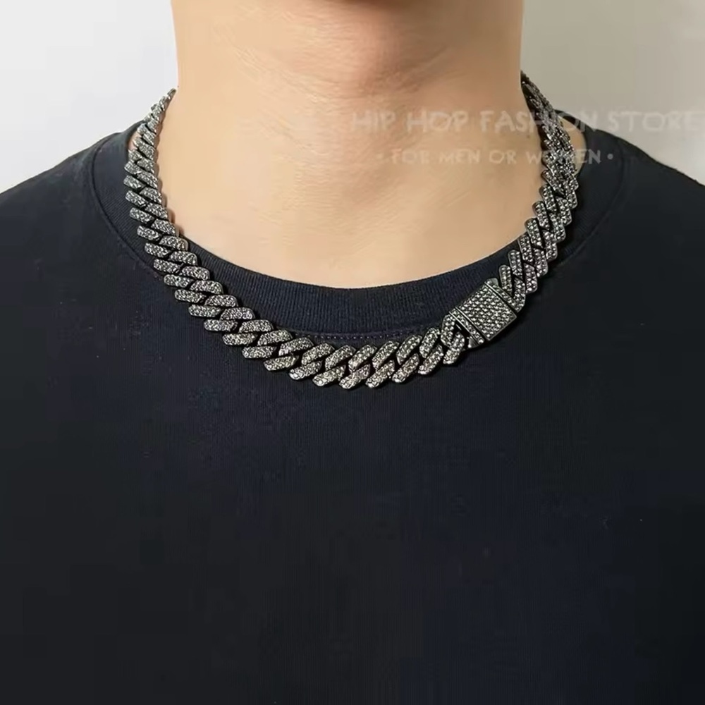 Cuban Link Chain Bling Iced Out Paved Miami Black Necklace 18”